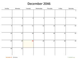 December 2046 Calendar with Bigger boxes