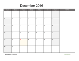 December 2046 Calendar with Notes
