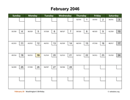 February 2046 Calendar with Day Numbers