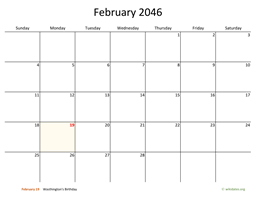 February 2046 Calendar with Bigger boxes