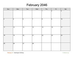 February 2046 Calendar with Weekend Shaded