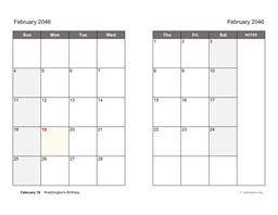 February 2046 Calendar on two pages