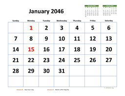 January 2046 Calendar with Extra-large Dates