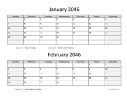 January and February 2046 Calendar