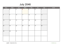 July 2046 Calendar with Notes