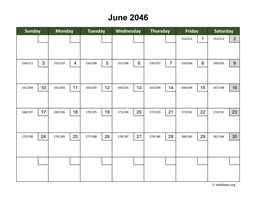 June 2046 Calendar with Day Numbers