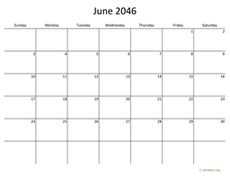 June 2046 Calendar with Bigger boxes