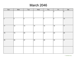 March 2046 Calendar with Weekend Shaded
