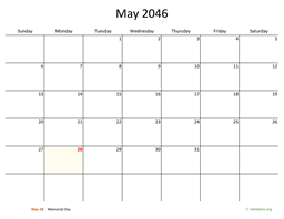 May 2046 Calendar with Bigger boxes