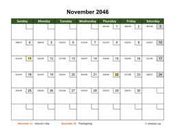 November 2046 Calendar with Day Numbers