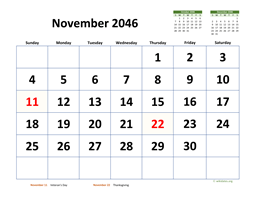 November 2046 Calendar with Extra-large Dates