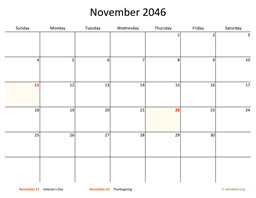 November 2046 Calendar with Bigger boxes