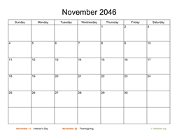 Basic Calendar for November 2046