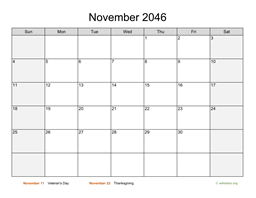 November 2046 Calendar with Weekend Shaded