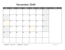 November 2046 Calendar with Notes