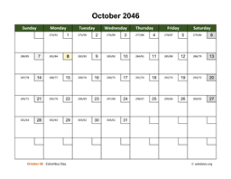 October 2046 Calendar with Day Numbers