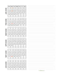 six months 2046 calendar vertical with notes