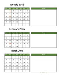 three months 2046 calendar vertical with notes