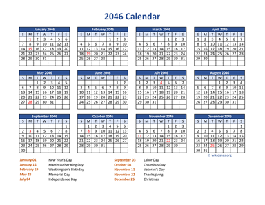 PDF Calendar 2046 with Federal Holidays