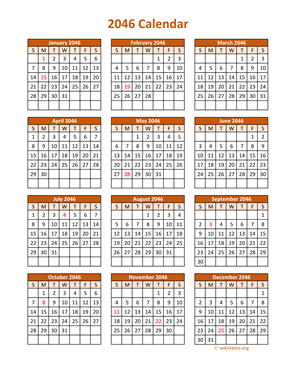 Full Year 2046 Calendar on one page