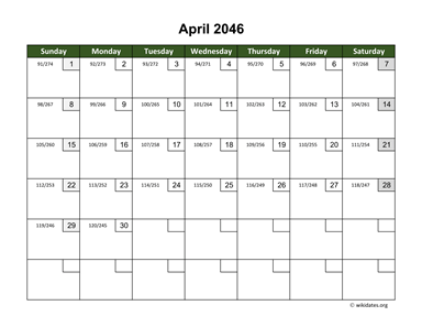 April 2046 Calendar with Day Numbers