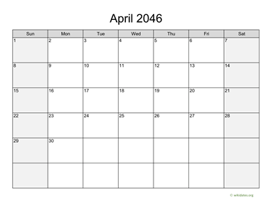April 2046 Calendar with Weekend Shaded