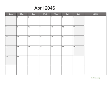 April 2046 Calendar with Notes