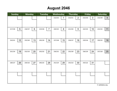 August 2046 Calendar with Day Numbers