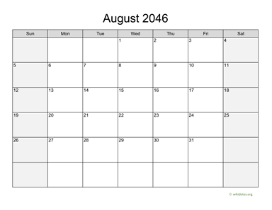 August 2046 Calendar with Weekend Shaded