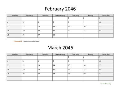 February and March 2046 Calendar Horizontal
