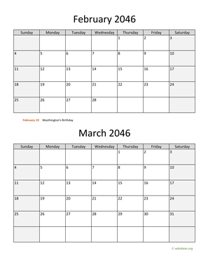 February and March 2046 Calendar Vertical