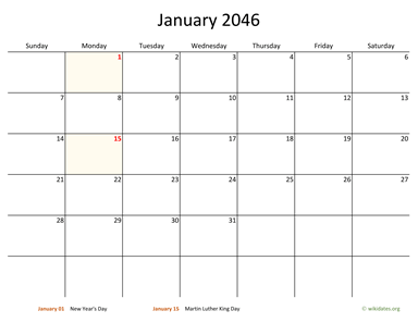 January 2046 Calendar with Bigger boxes