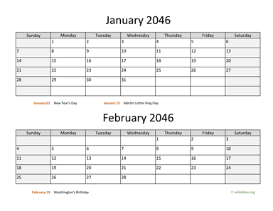 January and February 2046 Calendar Horizontal