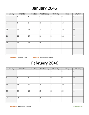 January and February 2046 Calendar Vertical