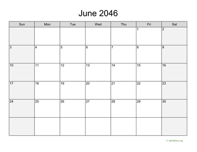 June 2046 Calendar with Weekend Shaded