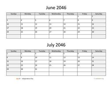 June and July 2046 Calendar Horizontal