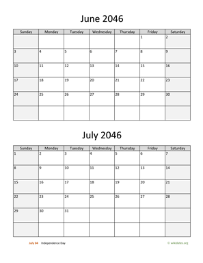 June and July 2046 Calendar Vertical