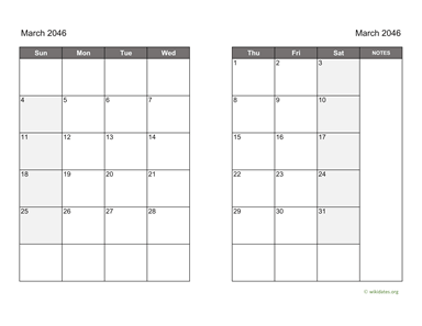 March 2046 Calendar on two pages