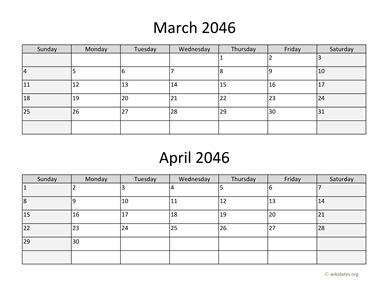 March and April 2046 Calendar Horizontal