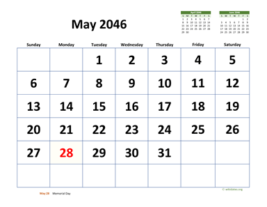 May 2046 Calendar with Extra-large Dates