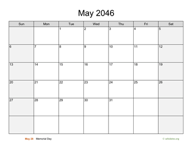 May 2046 Calendar with Weekend Shaded