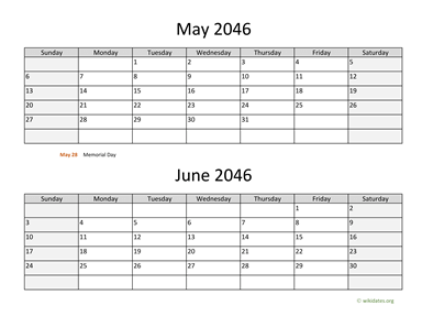 May and June 2046 Calendar Horizontal