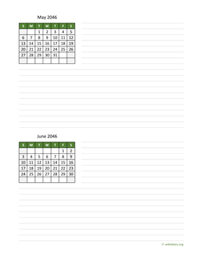 May and June 2046 Calendar with Notes
