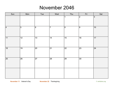 November 2046 Calendar with Weekend Shaded