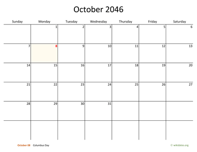 October 2046 Calendar with Bigger boxes