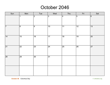 October 2046 Calendar with Weekend Shaded