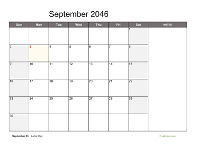 September 2046 Calendar with Notes