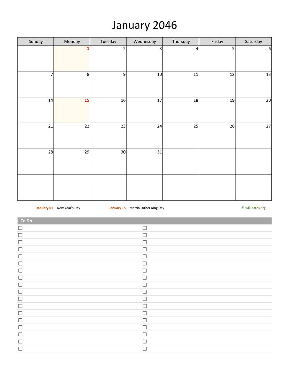 January 2046 Calendar with To-Do List | WikiDates.org