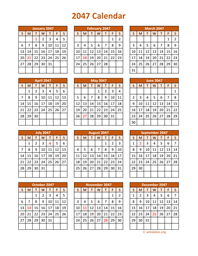 Full Year 2047 Calendar on one page