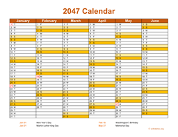 2047 Calendar on 2 Pages, Landscape Orientation